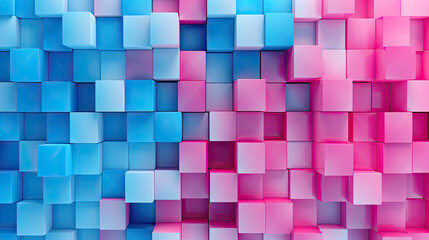 Texture background with random 3d cubic metal boxes in bright blue and red colors