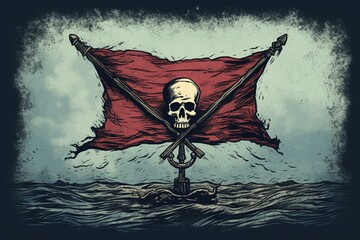 Sketch illustration of a pirate flag with a jolly roger symbol. Generative AI - obrazy, fototapety, plakaty