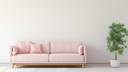 Fototapeta na wymiar Empty white room with pastel pink sofa wooden furniture
