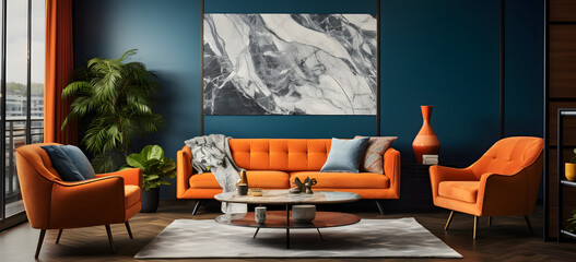 Orange and blue tufted sofas near stucco wall. Art deco interior design of modern living room.Modern Interior Design: Orange and Blue Sofas Against Stucco Wall