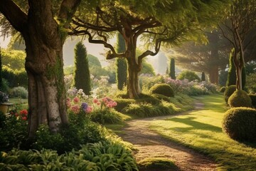 a collection of trees in a beautiful garden. Generative AI