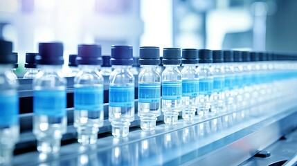Medical vials moving through a production line in a pharmaceutical factory