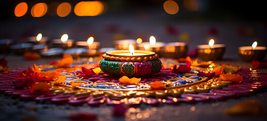 Happy Diwali background with beautiful Diya and colorful rangoli