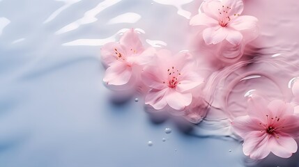 Fototapeta na wymiar Water background. Pink aqua texture, surface of ripples, transparent, flower, shadows and sunlight. Spa and cosmetic concept background. Flat lay, top view, copy space, banner