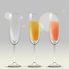 Set of vector transparent champagne glasses with sparkling drinks