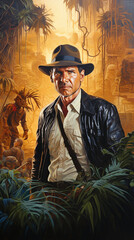 Portrait of a man in a hat and a leather jacket in the jungle