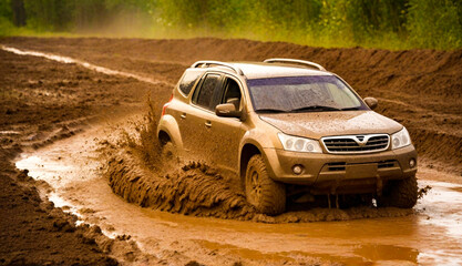 A car is traveling on a muddy road. car, road, vehicle, auto, automobile, speed, fast