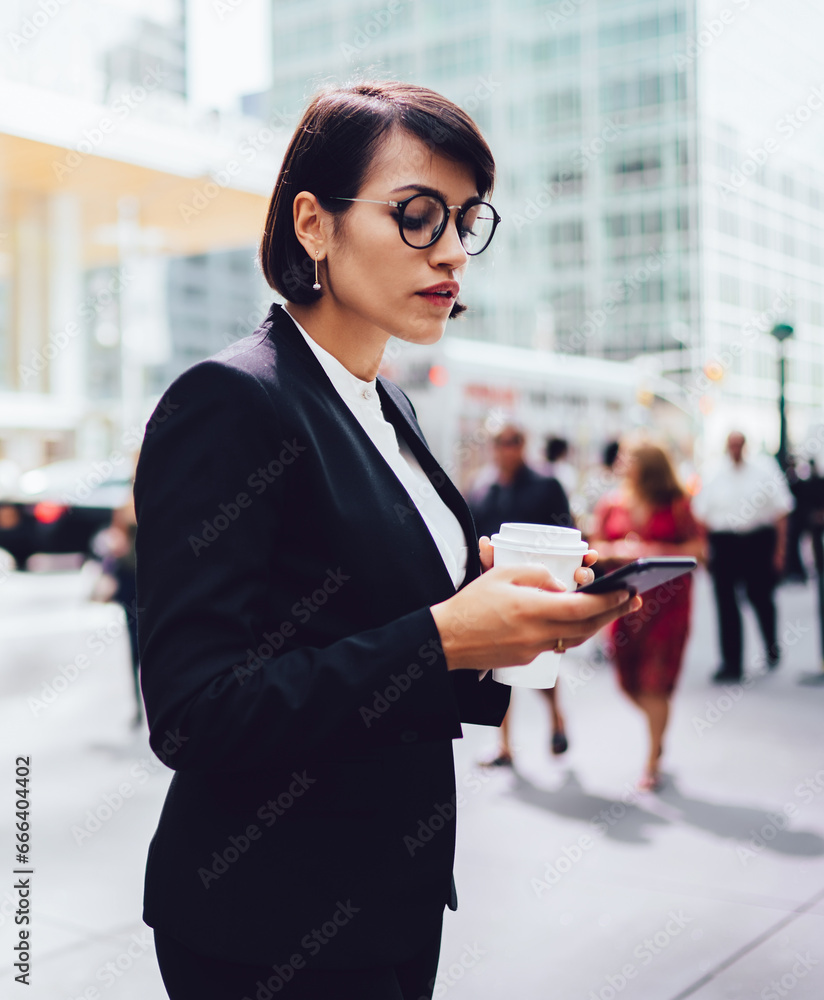 Poster confident manager using 4g connection for checking email