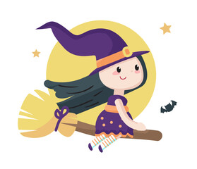 Cute cartoon Halloween witch character flying on broom