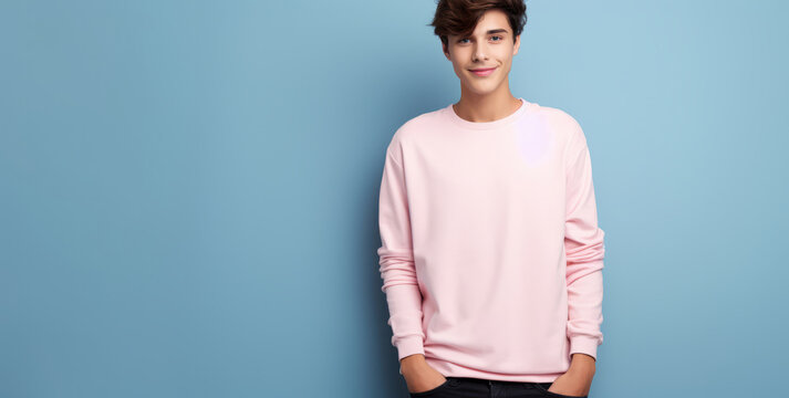 Blank Mens Pink T-shirt, Jersey. Model Showing Clothing Template.