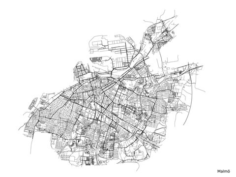 Malmö city map with roads and streets, Sweden. Vector outline illustration.