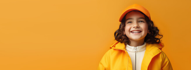 Portrait of happy kid smiling on bright colors studio background with empty copyspace, Cheerful...