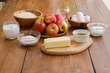 Overhead view of ingredients for apple pancakes