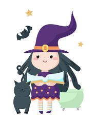 Little girl witch character reading spell in magic book