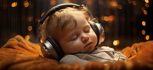 Cute little baby sleeping with headphones, listening to relaxing music - obrazy, fototapety, plakaty