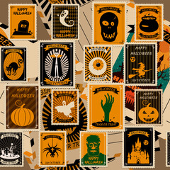 Seamless pattern Halloween old postage stamps vintage