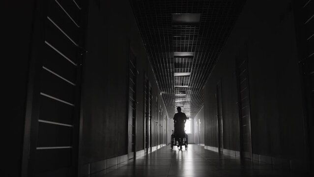Long monochromatic shot of nurse assisting wheelchair user move around hospital
