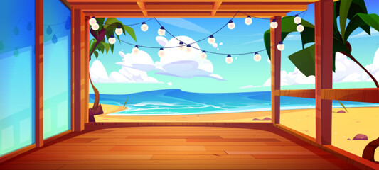 Beach house terrace on Hawaii vector illustration. Tropical cottage near sea with palm tree and sand. Private hotel apartment on paradise sunny ocean coast. Outdoor garland on patio with seascape view