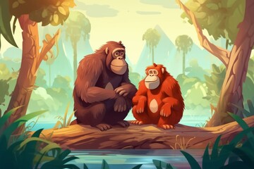 Cartoon scene with monkey ape orangutan illustration. Generative AI
