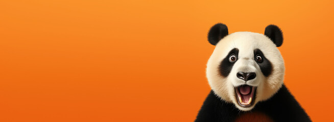 Studio headshot portrait of surprised panda on bright colors studio banner with empty copyspace