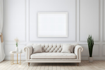 blank, empty photo frame mockup in a white luxury living room with sofa
