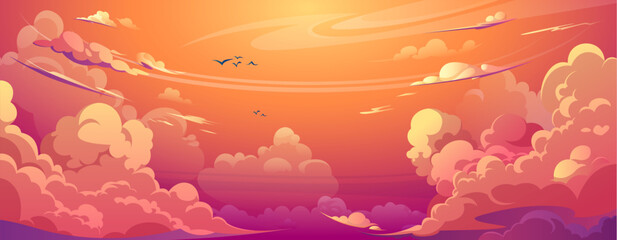 Fototapeta na wymiar Sunset anime cloud vector cartoon scene background. Summer cloudy weather air design. Beautiful pink, orange and purple evening panorama wallpaper. Fluffy romantic horizon graphic illustration