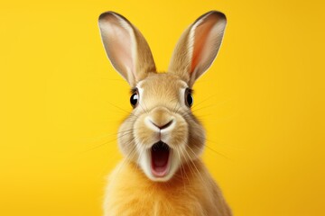 Obraz premium Studio headshot portrait of surprised rabbit on bright colors studio background