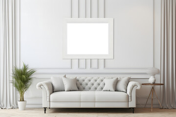 blank, empty photo frame mockup in a white luxury living room with sofa