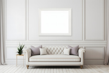 Fototapeta na wymiar blank, empty photo frame mockup in a white luxury living room with sofa