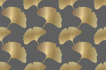Botanical luxury vector seamless pattern with golden leaves of ginkgo biloba on a dark gray background. Vector gold pattern for textiles, wrapping paper, wallpaper, covers.