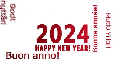 Video animation of a word cloud with the message happy new year in red over white background and in different languages - represents the new year 2024.