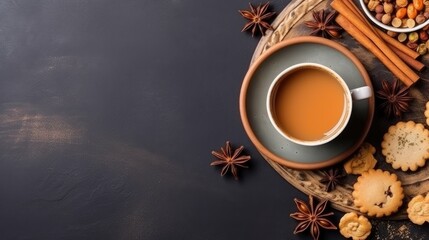 Cup of traditional indian masala chai tea with ingredients cinnamon cardamom anise nutmeg 