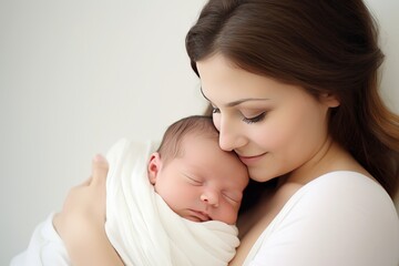Young mother lovingly cradles her newborn baby in her arms - obrazy, fototapety, plakaty