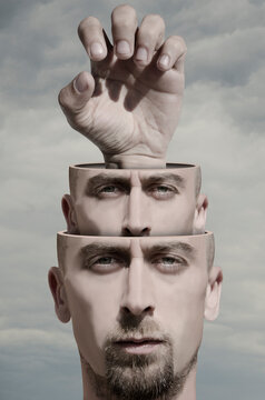 Digital collage in surrealism style with head of a man