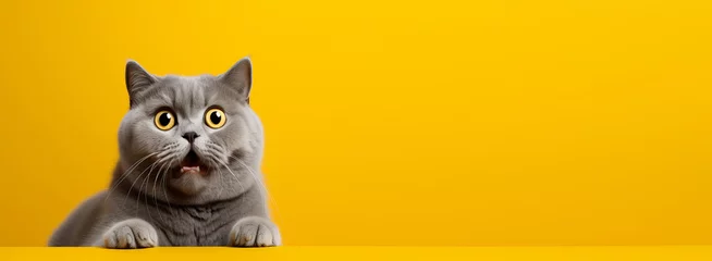 Gardinen Studio portrait of surprised cat sitting on bright colors studio banner with empty copyspace © CYBERUSS