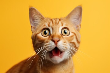 Studio portrait of surprised cat sitting on bright colors studio backgorund