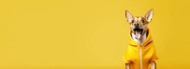 Studio portrait of surprised dog standing on bright colors studio banner with empty copyspace