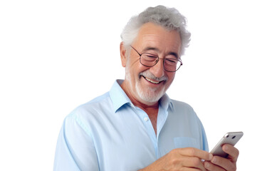 Happy Senior Man Using Mobile Phone on White or PNG Transparent Background.