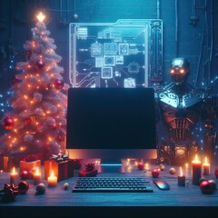 Christmas card in cyberpunk style. A display of laptop in a festive techno environment. A creative and modern idea for holiday greetings.