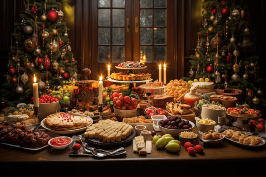 Thanksgiving Food and Dessert for party invitation, Christmas party celebration with dinner meal on table, Happy new year and Xmas scene, wooden table full of food and treats.