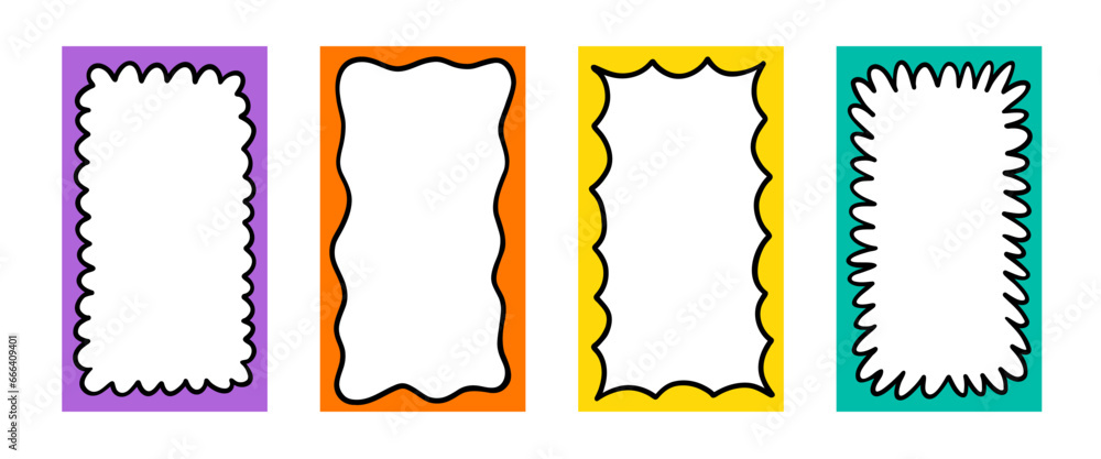 Poster doodle scalloped frames in hippie style. psychedelic retro border. funky text box background. pop vi