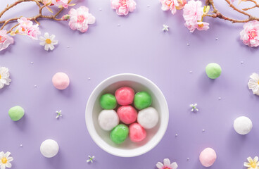 Fototapeta na wymiar Tang Yuan(sweet dumplings balls), a traditional cuisine for Mid-autumn, Dongzhi (winter solstice ) and Chinese new year with plum flower on pastel background.