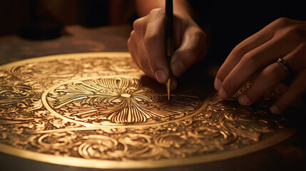 close-up of the hands of a master making an ethnic folk design with embossing on metal. historical and national crafts. 