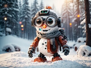 Snowman robot at winter Christmas landscape
