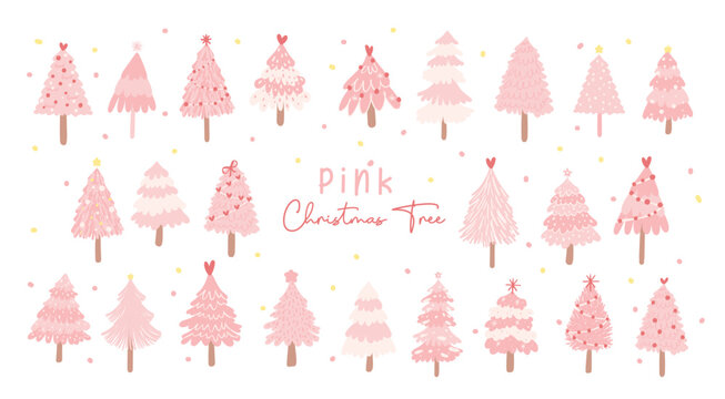 Festive Pink Christmas Tree Set. Cheerful Flat Design Collection