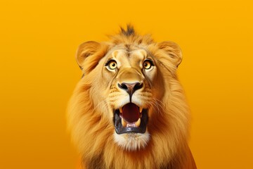 Obraz premium Studio portrait of surprised lion on bright colors studio background