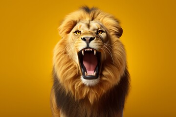 Studio portrait of surprised lion on bright colors studio background - obrazy, fototapety, plakaty