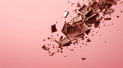 Broken chocolate bar pieces falling on pink beige background with space for text