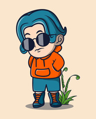 vector illustration of a cool young man wearing sunglasses with plants around. lifestyle icon concept