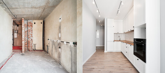 Photo collage of old apartment and new renovated room with parquet floor, kitchen counter, stove...